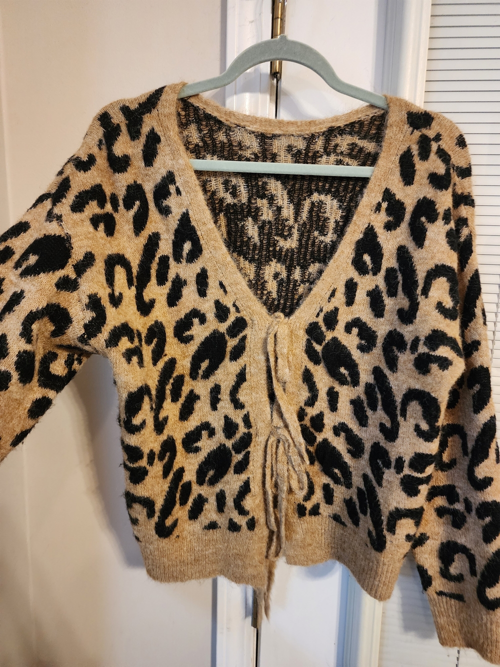 Leopard-Print Tie Front Cardigan Sweater - Beige/Black